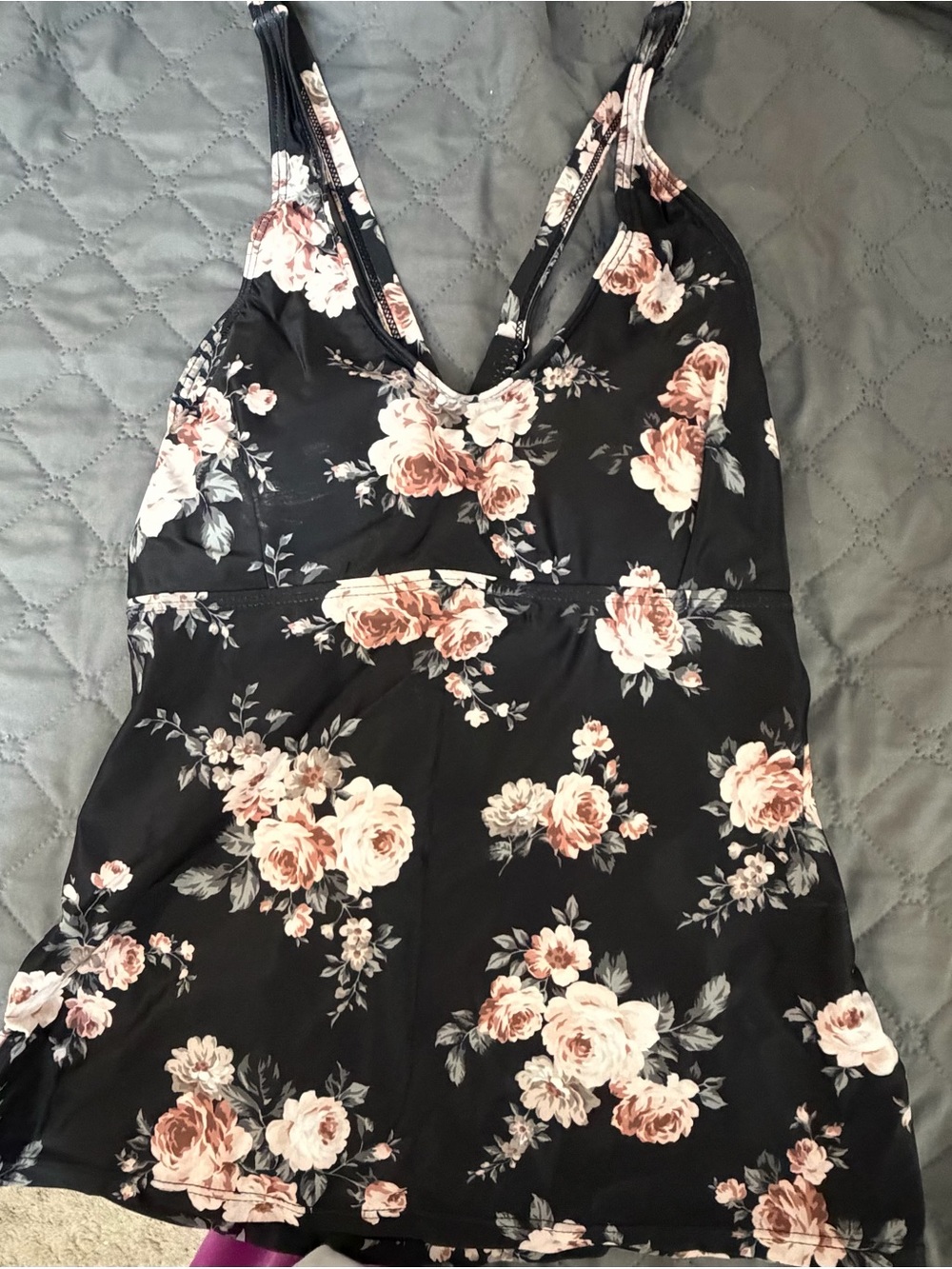 Brand new Floral Black V-Neck Women's Swim Dress Bikini Top - Pink Rose Print